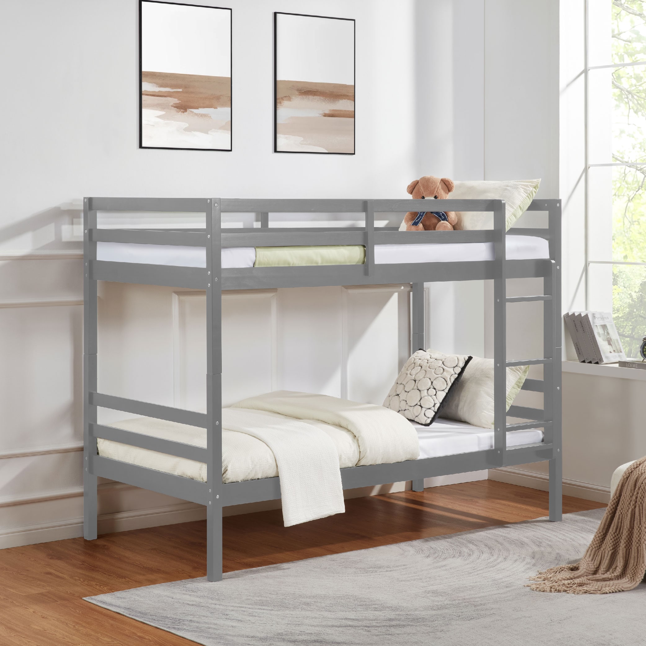 Twin Over Twin Bunk Bed With Ladder,Wooden Bunk Bed With High Guardrail And Ladder For Kids, Teens, Dorm Rooms, And Guest Rooms,No Box Spring Needed,Grey_voghion.com